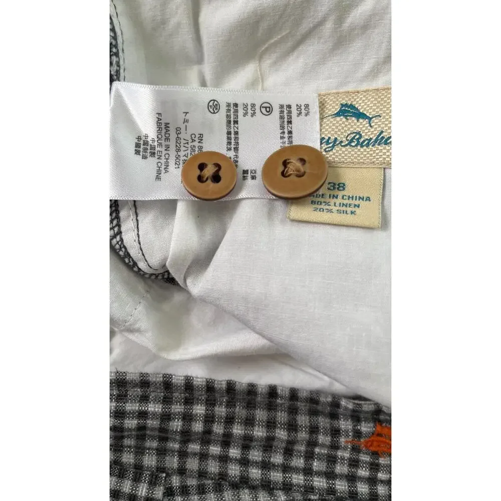 TOMMY BAHAMA Paradise Nation Checked Shorts Mens 38 Gray Black Linen Silk